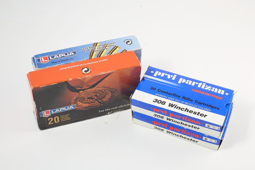 Lot 398: .308 145, 155, 185 grs. PPU / LAPUA. 80 of;