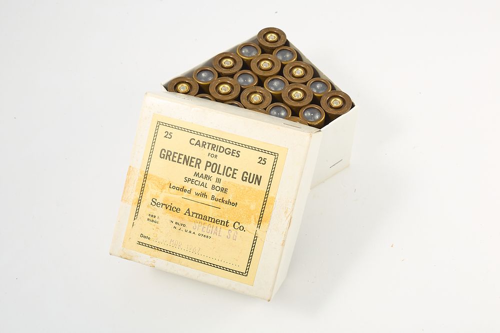 Lot 799: GREENER 12/14-BORE POLICE Box of 25;