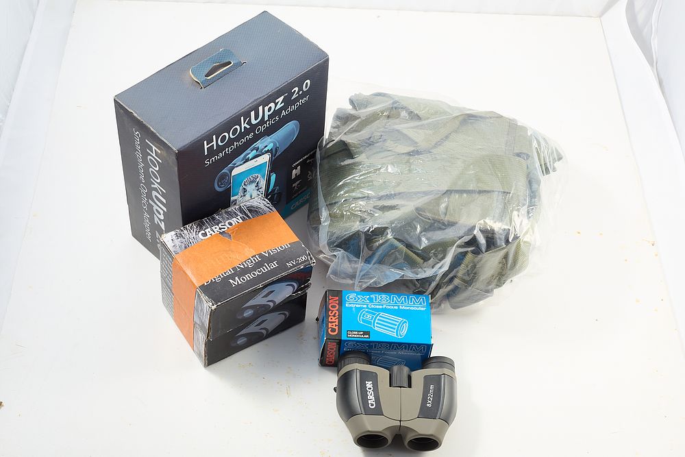 Lot 934: CARSON ASSORTED BINOCULARS, MONOCULAR & BINO HARNESS;