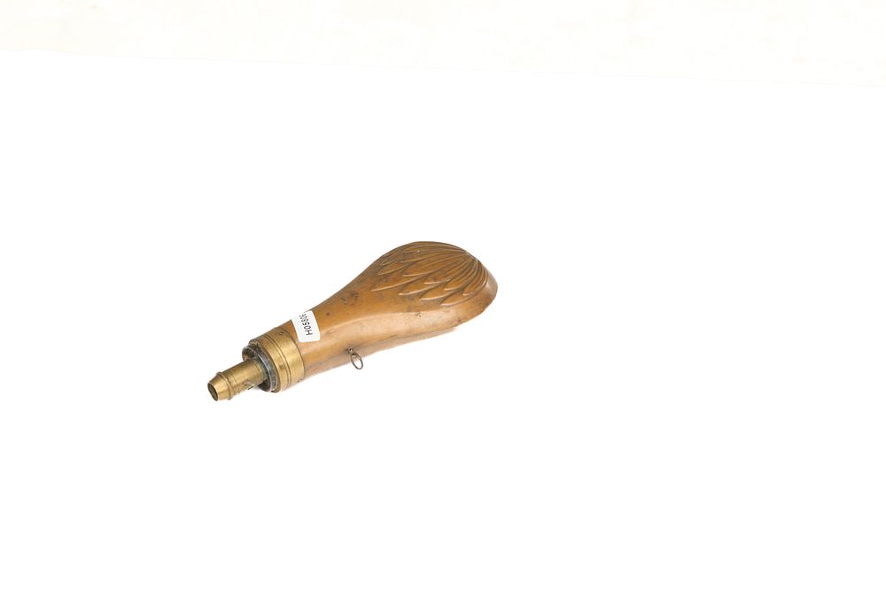 Lot 1280: A COMMON TOP COPPER AND BRASS POWDER FLASK. EMBOSSED BODY WITH HANGERS. GRADE 2.