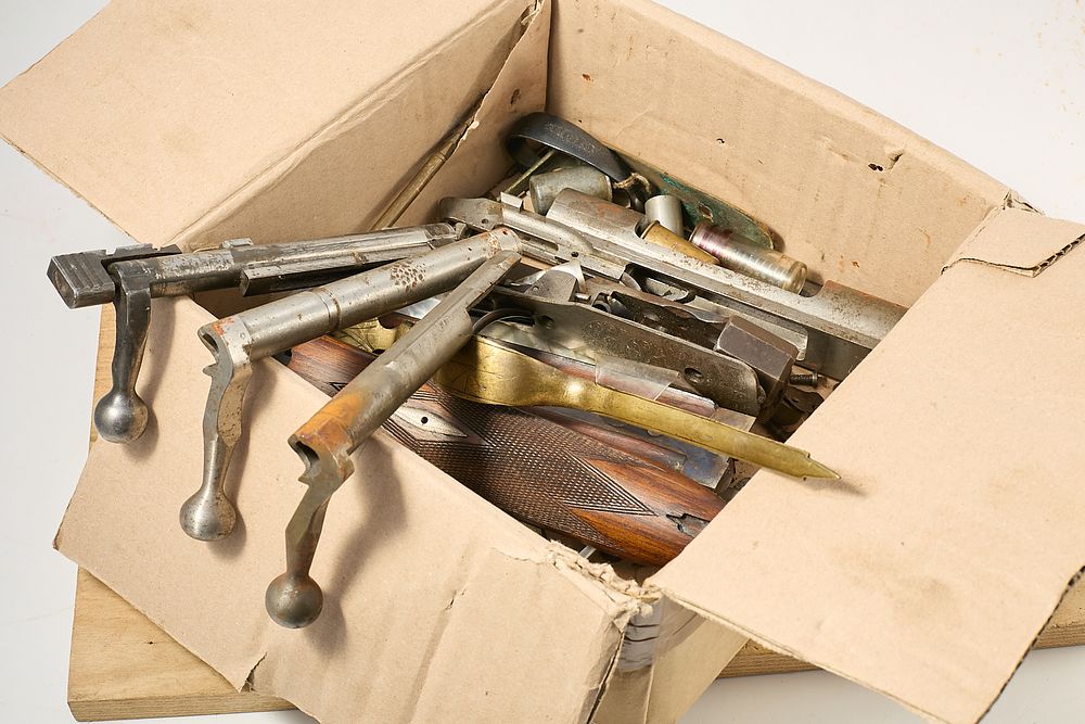 Lot 1311: BOX OF ACTIONS, PART ENGINEERED  ACTIONS AND PARTS, BARRELS