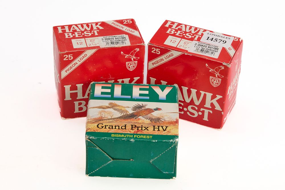 Lot 208: HAWK B.E.S.T., 50 OF, & ELEY GRAND PRIX HV, 25 OF, 12-BORE CARTRIDGES