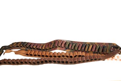 THREE SHOTGUN CARTRIDGE BELTS, TWO LEATHER, ONE FABRIC