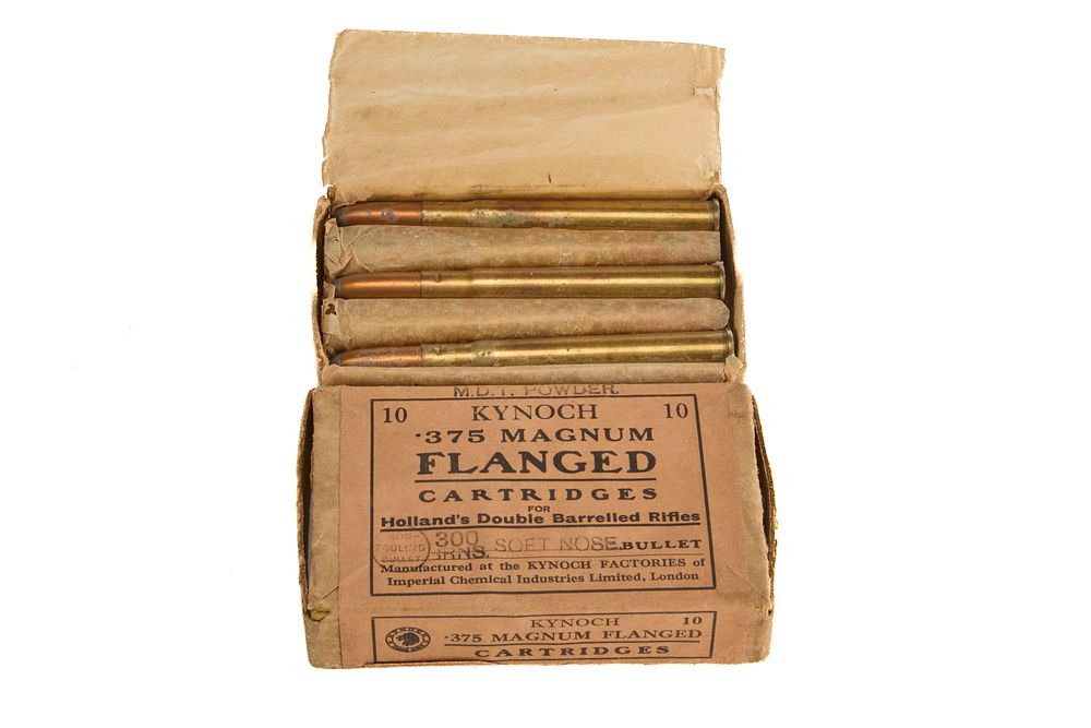 Lot 188: KYNOCH .375 MAGNUM FLANGED CARTRIDGES FOR HOLLAND'S DOUBLE BARRELLED RIFLES 300gr SOFT-NOSED, 10 OF