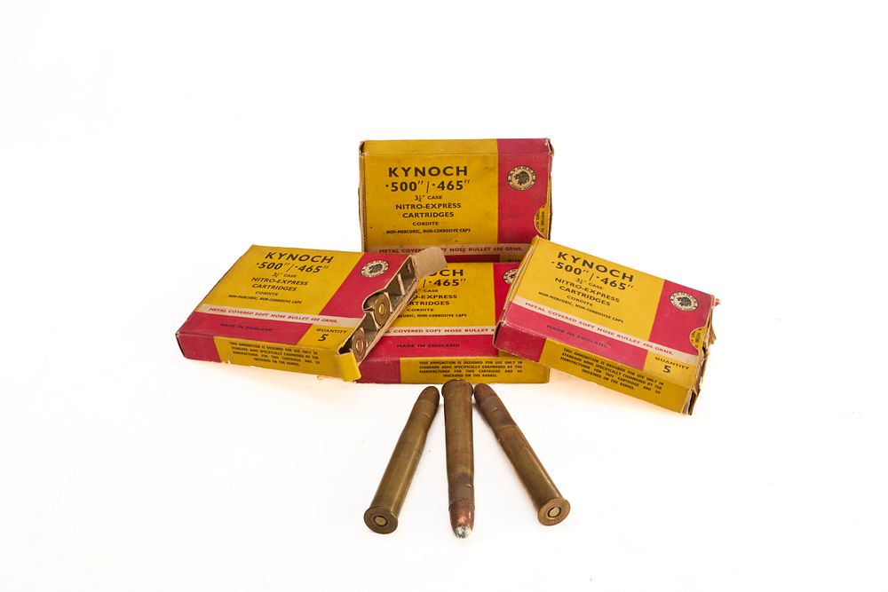 Lot 193: KYNOCH .500/.465 3 1/4" CASE NITRO-EXPRESS CARTRDIGES CORDITE 480gr SOFT-NOSE, 19 OF