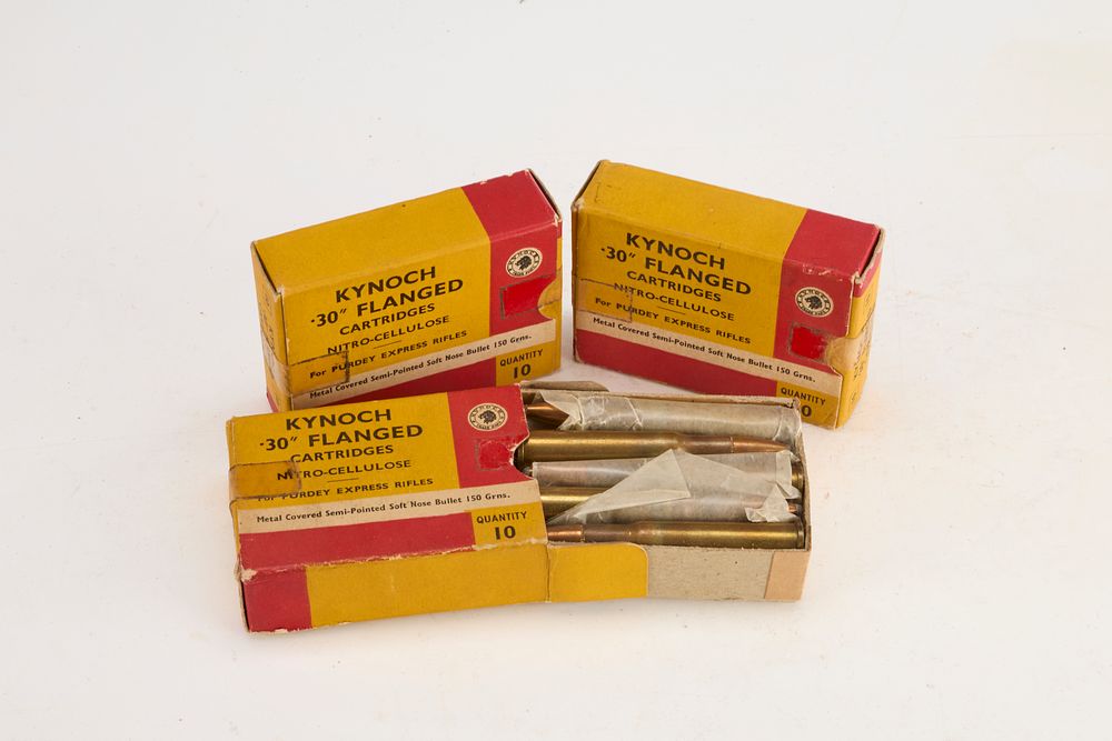 Lot 187: KYNOCH .30 FLANGED CARTRDIGES NITRO-CELLULOSE FOR PURDEY EXPRESS RIFLES, 30 OF, TWO BOXES UNOPENED