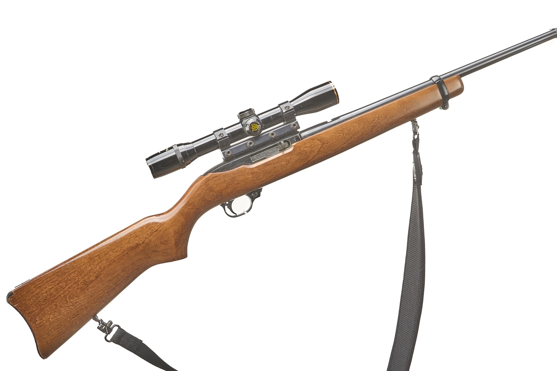 RUGER A Mod 10/22 DELUX WALNUT BLUED .22 LR SEMI-AUTO WITH MODERATOR AND SCOPE Ser No 24897663;
