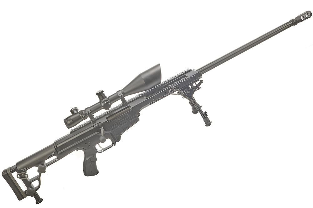 Lot 396: BARRETT A Mod 98B .338 LAPUA BOLT ACTION RIFLE WITH SCOPE AND BI-POD Ser No AC000396;