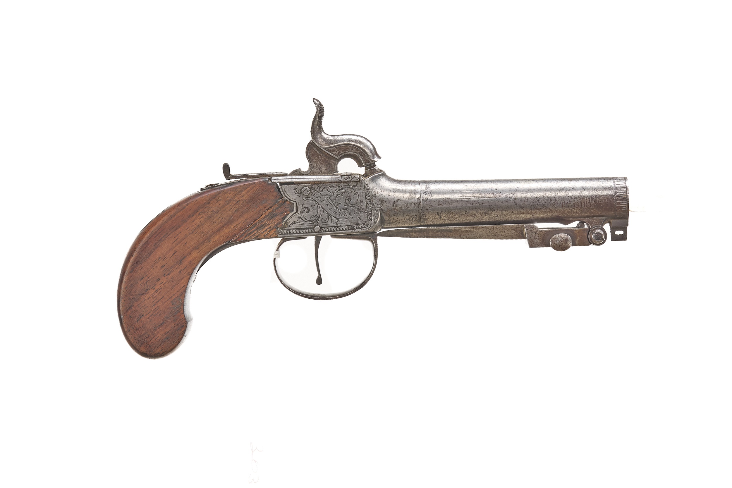A 36-BORE PERCUSSION TRAVELLING PISTOL WITH FOLDING BAYONET NVSN;