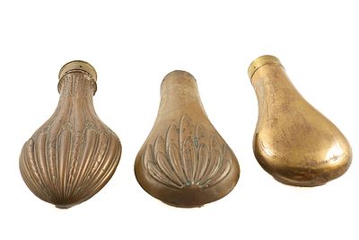 BRASS POWDER FLASKS, 3 OF;