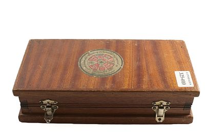 WOODEN BOX;. With sticker/decal on top.