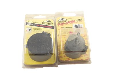 TWO BUTLER CREEK FLIP-OPEN SCOPE COVERS, 50.7mm AND #15 EYE;