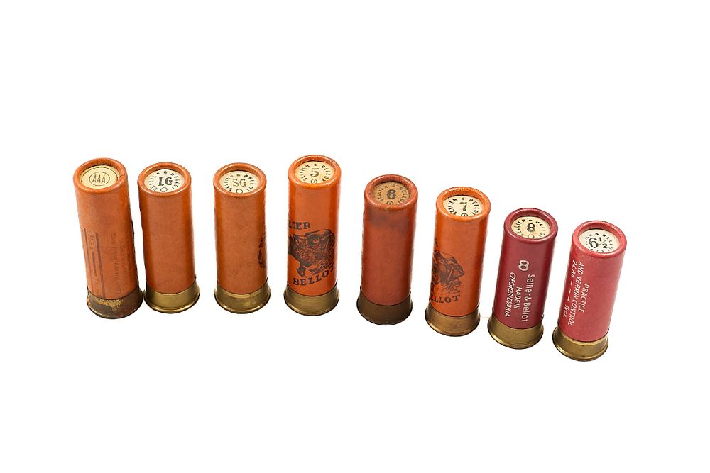 Lot 214: SELLIER & BELLOT 12-BORE PAPER CARTRIDGES, AAA, LG, SG, 5, 6, 7, 8, 6 1/2, 36 OF,