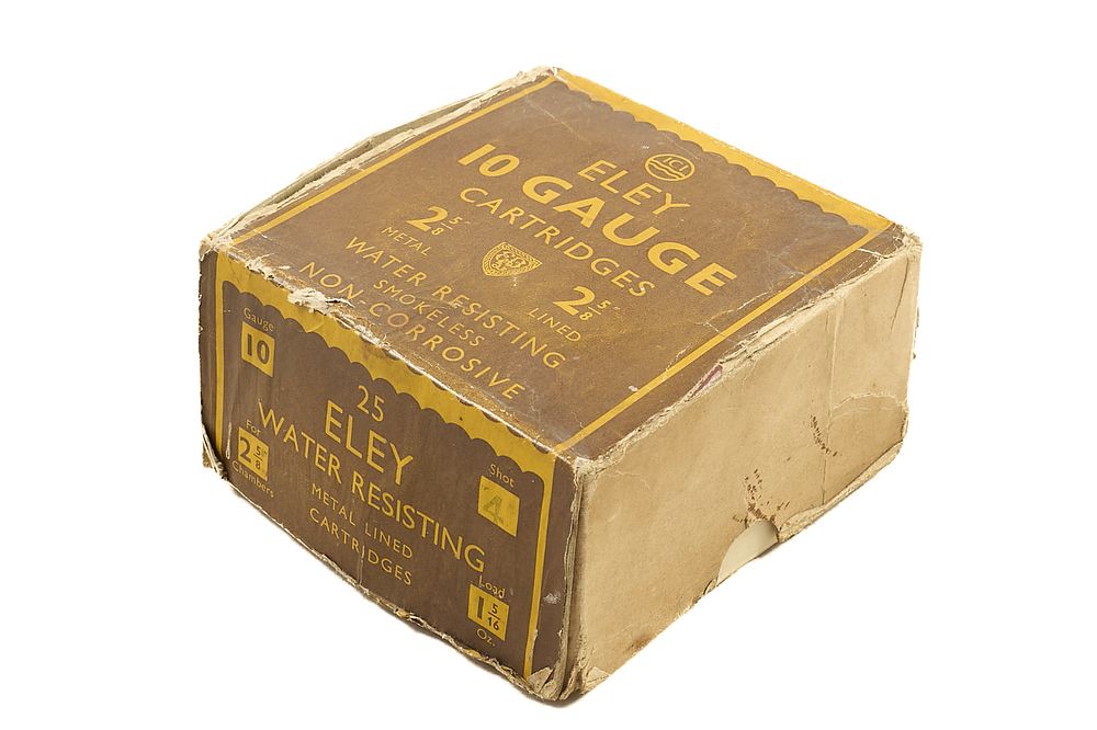 Lot 215: ELEY 10-BORE 4 SHOT 1 5/16oz CARTRIDGES FOR 2 5/8", 25 OF;