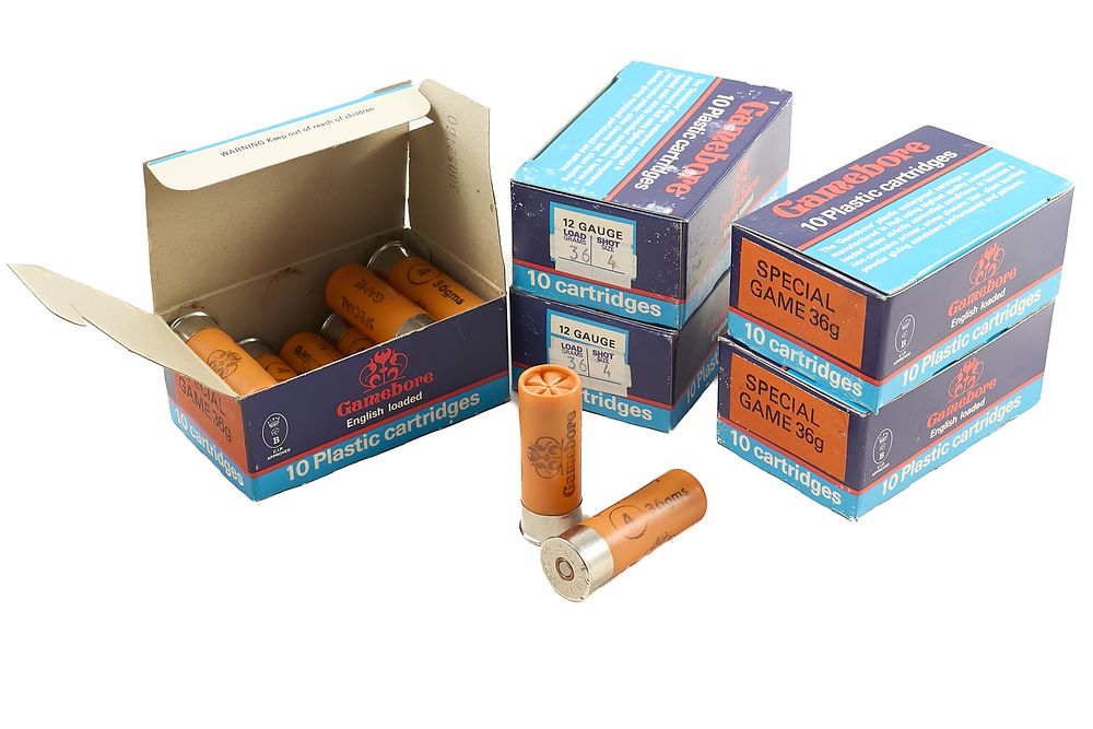 Lot 221: GAMEBORE 12-BORE 36gr SPECIAL GAME 4 SHOT CARTRIDGES FOR 2 3/4", 50 OF;