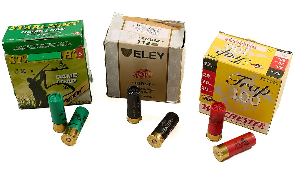 Lot 241: MIXED 12 BORE CARTRIDGES 3 BOXES 74 APPROX;