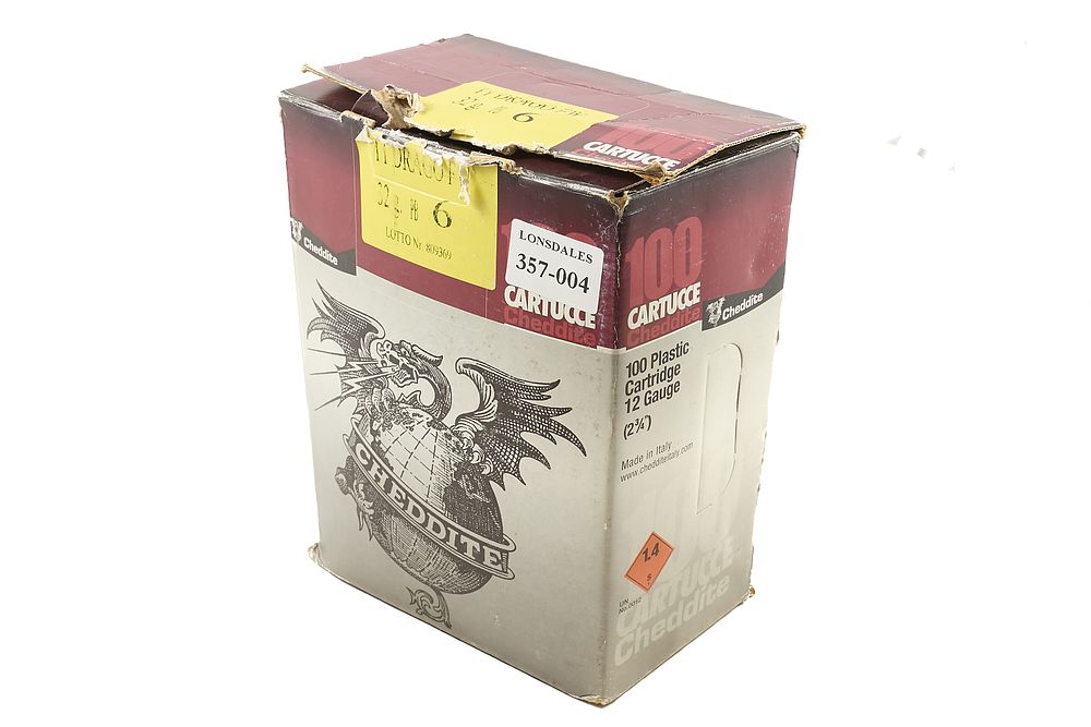 Lot 250: CHEDDITE T1 DRAGO FW 12-BORE 6 SHOT 32gr CARTRIDGES FOR 2 3/4", 100 OF;