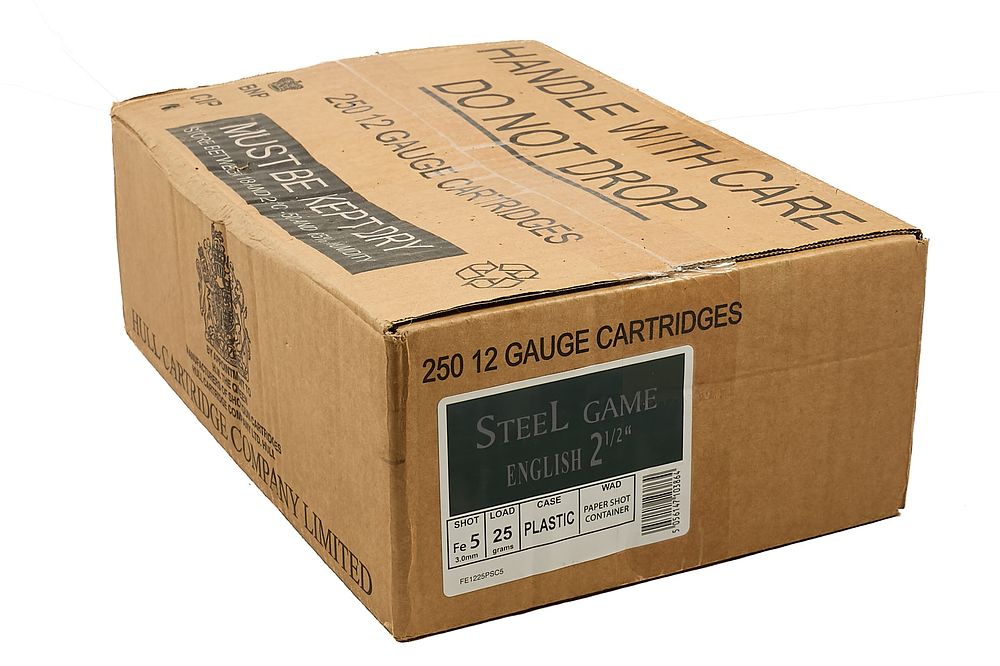 Lot 261: HULL CARTRIDGE - STEEL GAME 12-BORE 5 SHOT 25gr PAPER WAD 2 1/2", 250 OF;