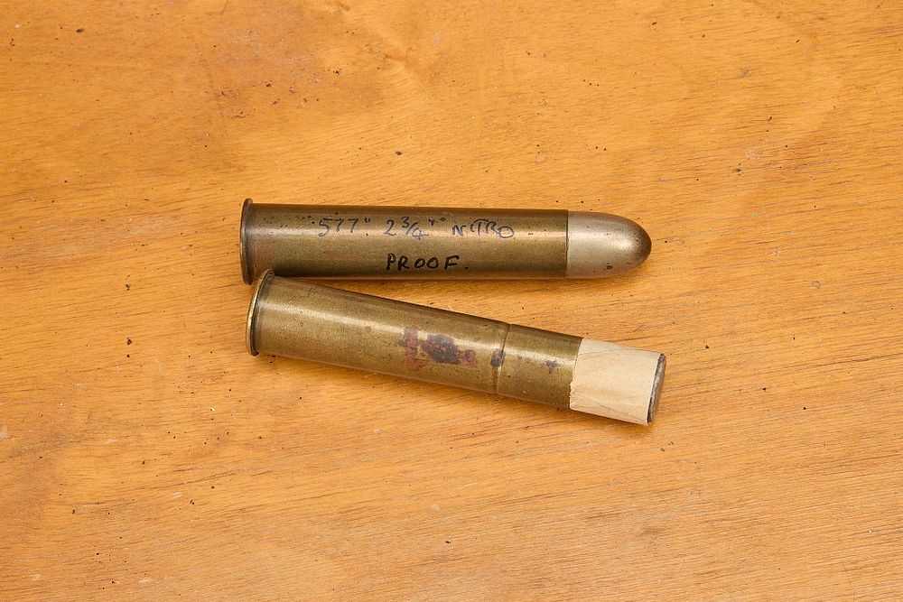 Lot 282a: .577 X 2 � PROOF CARTRIDGES, ONE LEAD PLUGGED ONE WITH NICKEL BULLET 2 OF;