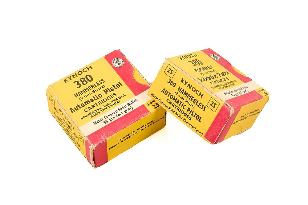 Lot 285: KYNOCH .380 HAMMERLESS (9MM SHORT) CARTRIDGES, 50 OF;
