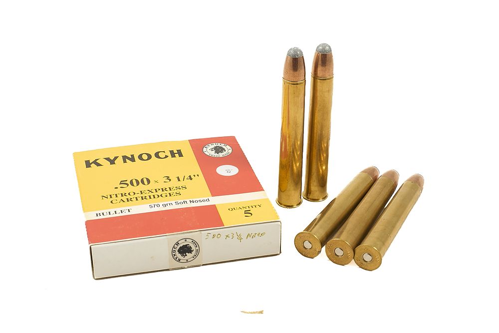 Lot 290: KYNOCH .500x3 1/4" .570gr NITRO EXPRESS CARTRIDGES, IN SEALED BOX, 5 OF;