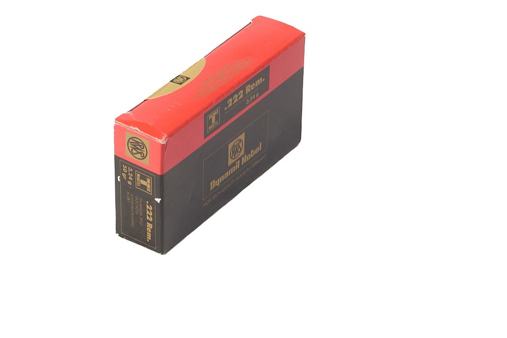 Lot 331: RWS DYNAMIT NOBEL .222 REM 3.24g 50gr, 20 OF UNOPENED;