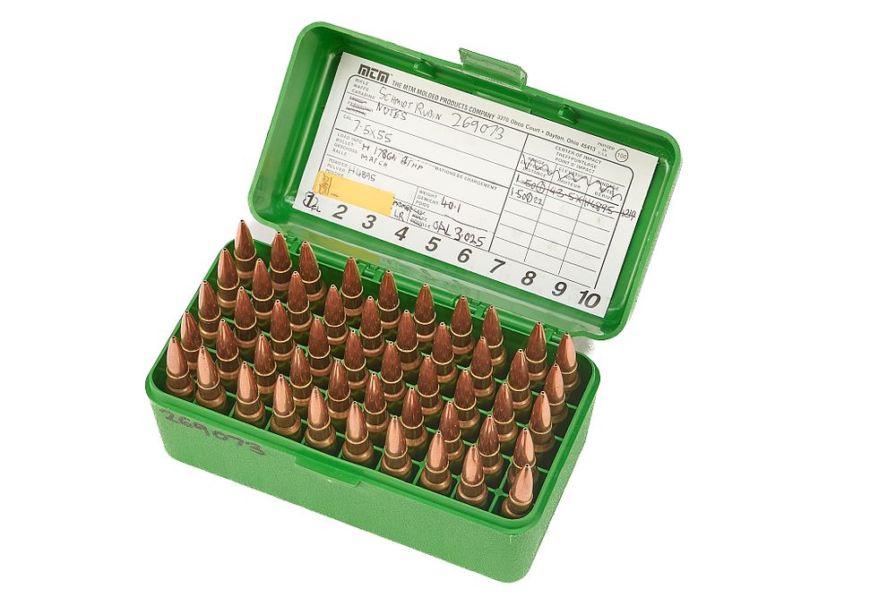 Lot 448: SCHMIDT AND RUBIN 7.5X55 HOME LOADS, PPU BRASS, HOLLOW POINT, 50 OF;
