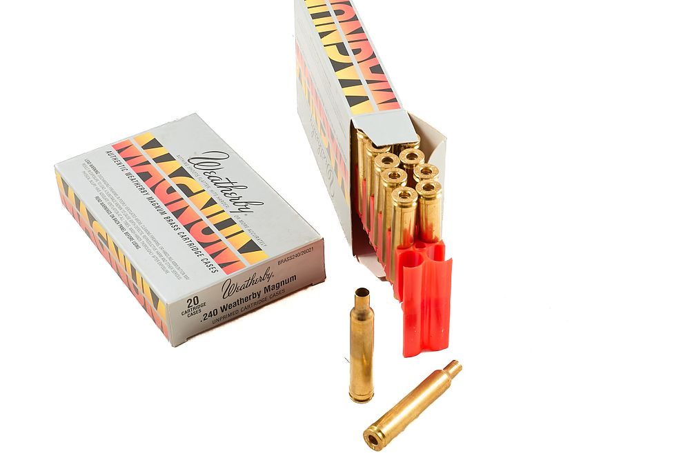 Lot 505: WEATHERBY .240 WEATHERBY MAGNUM UNPRIMED CASES, 40 OF;
