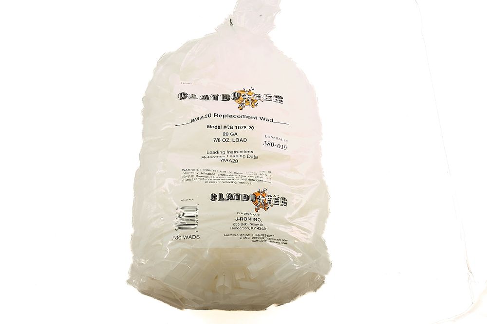 Lot 540: CLAYBUSTER 20 GAUGE 7/8 OZ WADS FOR WAA20 CLEAR 500 BAG;