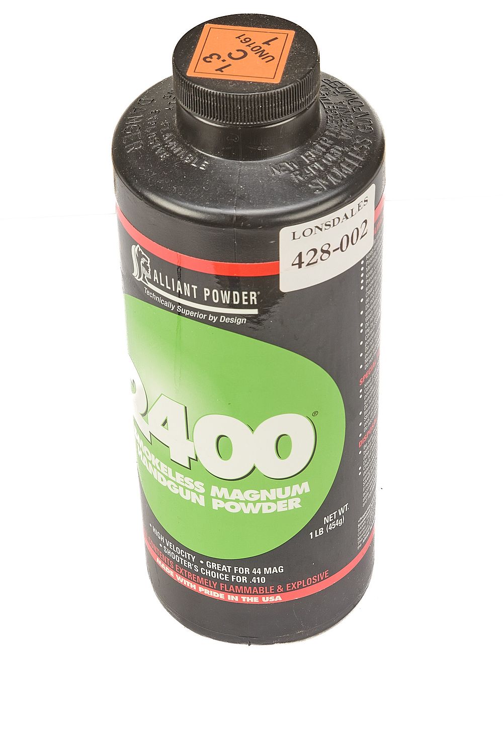 Lot 544: ALLIANT POWDER 2400 SMOKELESS MAGNUM HANDGUN POWDER, 470g, OPENED;