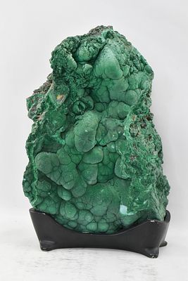 Tall Botryoidal Malachite Specimen. Display specimen on custom wood stand. Harvested in