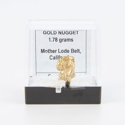 1.78g Gold Nugget from Mother Lode Belt, California. Small gold nugget in display case. Labeled