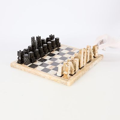 Onyx & Marble Chess Set with Board. Vintage carved onyx and marble chess set complete with all