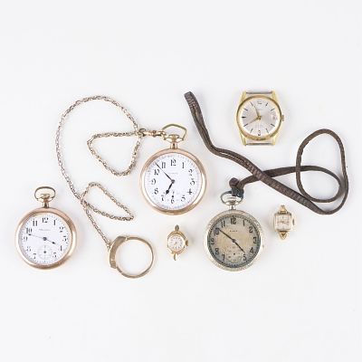 Group 6 Watches. Group of three pocket watches and three watch faces. Gold filled and stainless