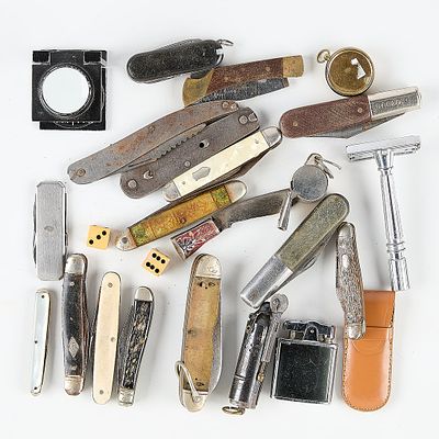 Group Antique Blades & More. Group of antique pocket knives, blades, razor, and other small