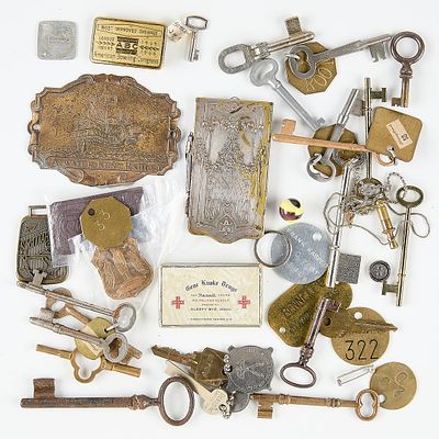 Group Antique & Vintage Keys. Group of antique and vintage keys, charge cards, placards, and a