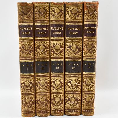 1827 Memoirs of John Evelyn, Five Volumes. Antique volumes of English writer John Evelyn's