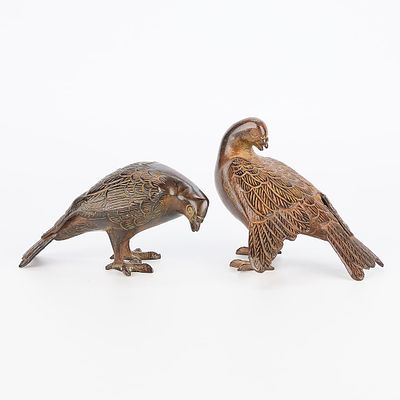 Pair of Metal Dove or Pigeon Figures. Two Asian metal bird sculptures in different poses.