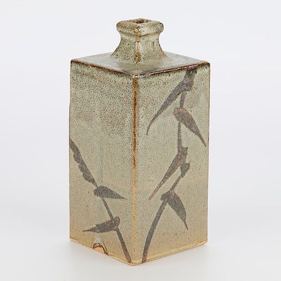 Otagiri Rectangular Vase with Leaf Design. Ceramic vase with gray-green glzze and dark leaf