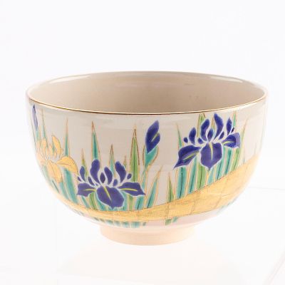Japanese Ceramic Iris/Gold Leaf Tea Bowl. Japanese pottery ceramic tea bowl decorated along the