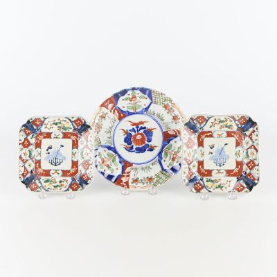 3 Japanese Imari Plates. Lot includes pair of square plates (18th or 19th c.) and one round