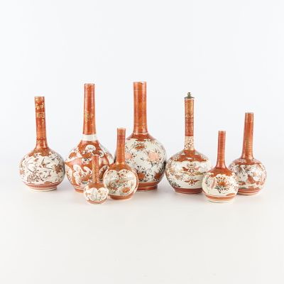 8 Japanese Kutani Vases. Group of 8 Japanese Kutani ware porcelain vases. Marked along