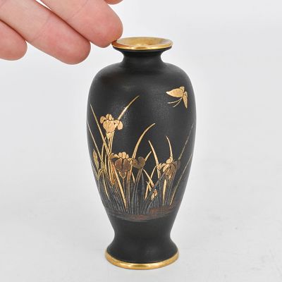 Small Japanese Mixed-Metal Vase. Small matte black mixed-metal vase with inlaid iris