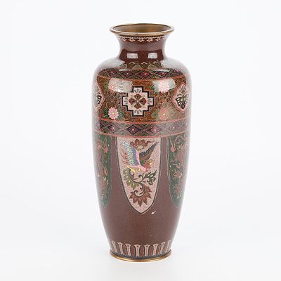 Japanese Meiji Cloisonne Vase. Japanese cloisonne vase with phoenix and dragon designs amid