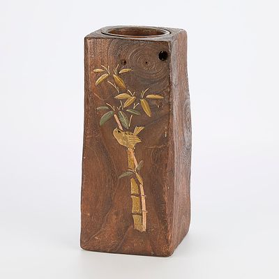 Japanese Lacquer Wood Vase. Vintage japanese wood vase with lacquer bird and bamboo image.