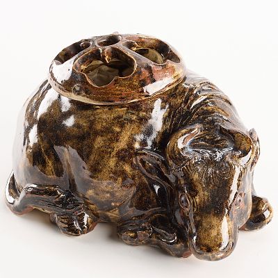 Japanese Stoneware Ox Incense Burner. Japanese stoneware hand warmer or incense burner in the