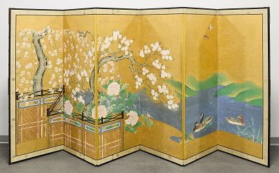 Japanese 6-Panel Kano Floor Screen w/ Landscape. Japanese six-panel folding screen with vibrant