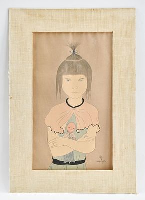 Leonard Tsuguharu Foujita, Little Girl with Rag Doll Ukiyo-e Woodblock Print. Original color