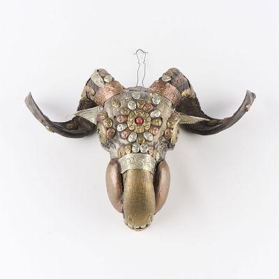 Tibetan Buddhist Ritual Goat Skull Kapala. Tibetan Buddhist ritual goat skull and horn kapala