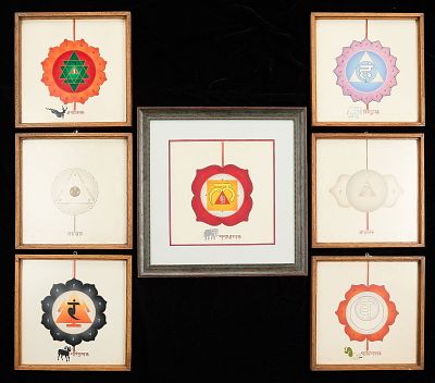 Group of 7 South Asian Chakra Prints. Group of colorful South Asian prints depicting the seven